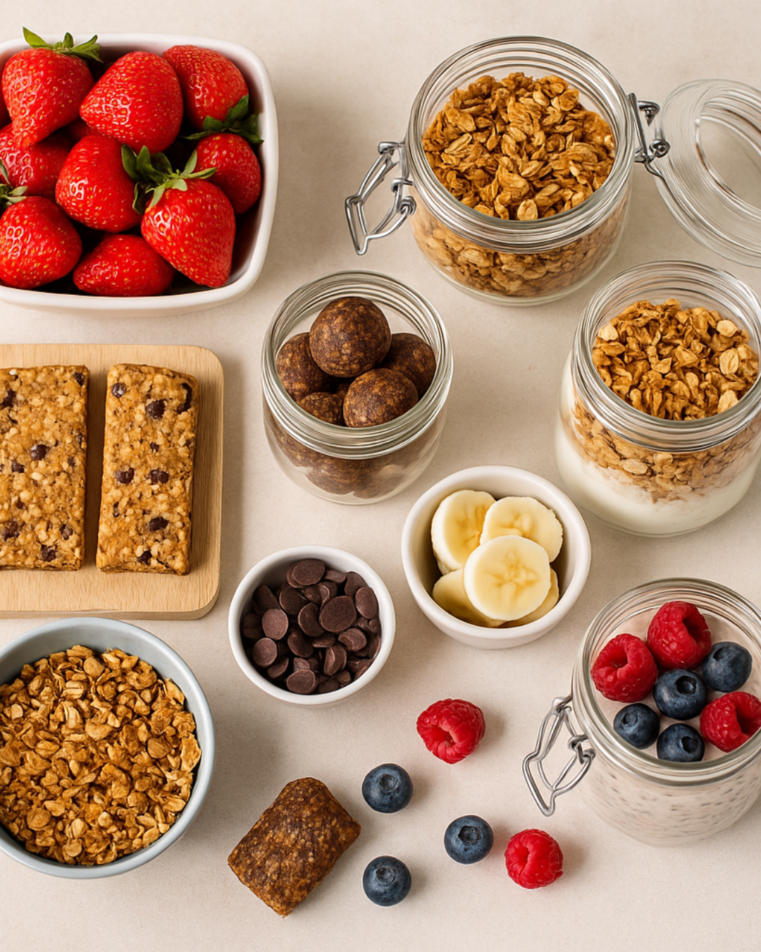 healthy snacks in jars, illustrating batch cooking for meal prep and nutrition.